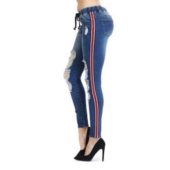 Casual Ripped Denim Joggers with Side Stripes - Picture 3 of 9